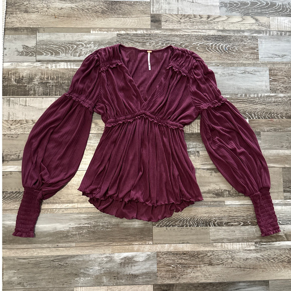 Free People Burgundy Day Dreaming Babydoll Boho Ruffle Top XS Sheer Romantic - Picture 5 of 10